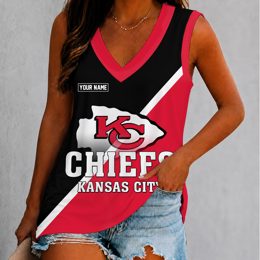 [SPECIAL OFFER] NEW CUSTOMIZED NFL01 KCC KANSAS CITY CHIEFS WOMEN'S V-NECK TANK TOP