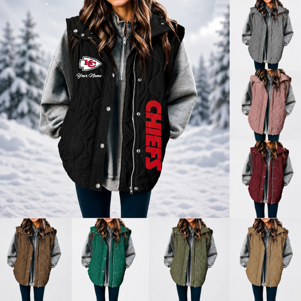 [SPECIAL OFFER] NEW CUSTOMIZED NFL01 KCC KANSAS CITY CHIEFS WOMEN'S MULTICOLOR SLEEVELESS PUFFER COAT