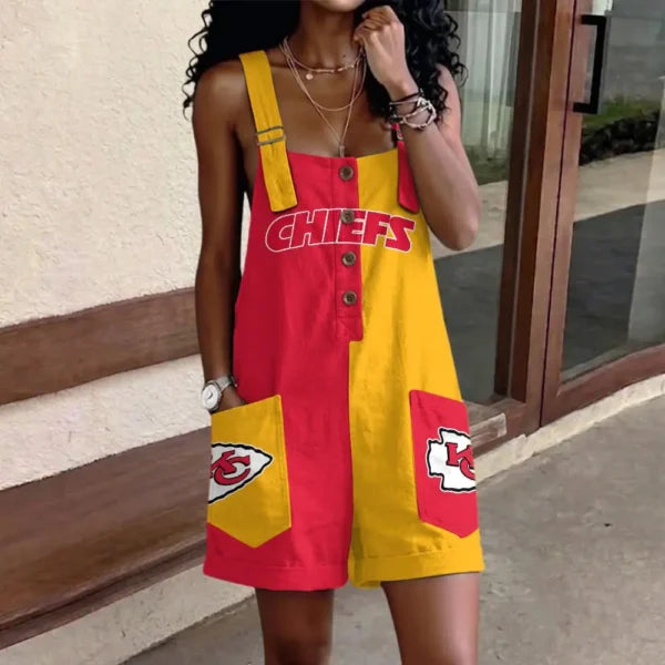 [SPECIAL OFFER] NEW CUSTOMIZED NFL01 KCC KANSAS CITY CHIEFS WOMEN'S HIGH-WAISTED SHORTS OVERALLS