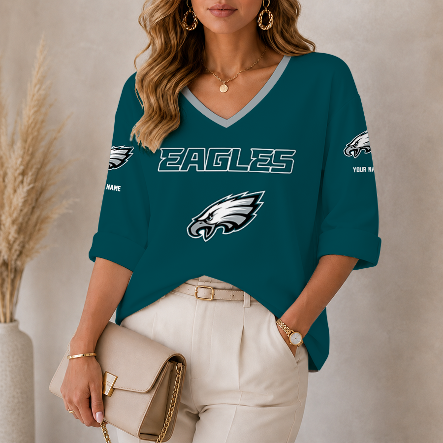 [SPECIAL OFFER] NEW CUSTOMIZED NFL02 PPE PHILADELPHIA EAGLES WOMEN'S HEART V-NECK LONG SLEEVE SHIRT