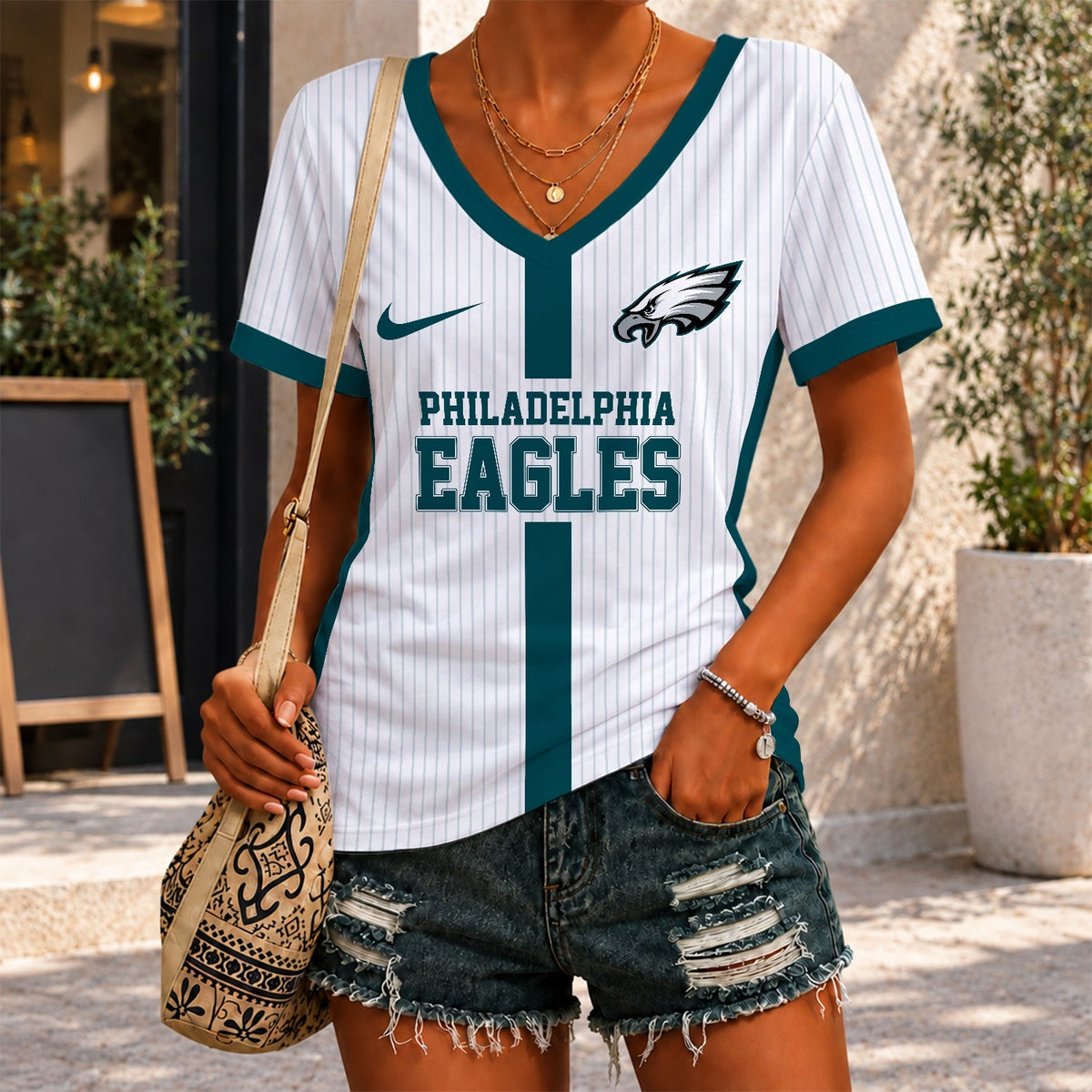 [SPECIAL OFFER] NEW CUSTOMIZED NFL02 PPE PHILADELPHIA EAGLES V-NECK FEMALE SHIRT