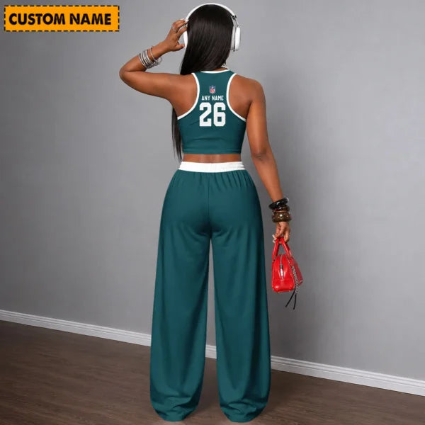 [SPECIAL OFFER] NEW CUSTOMIZED NFL02 PPE PHILADELPHIA EAGLES WOMEN'S CROP TOP & LONGPANTS SET