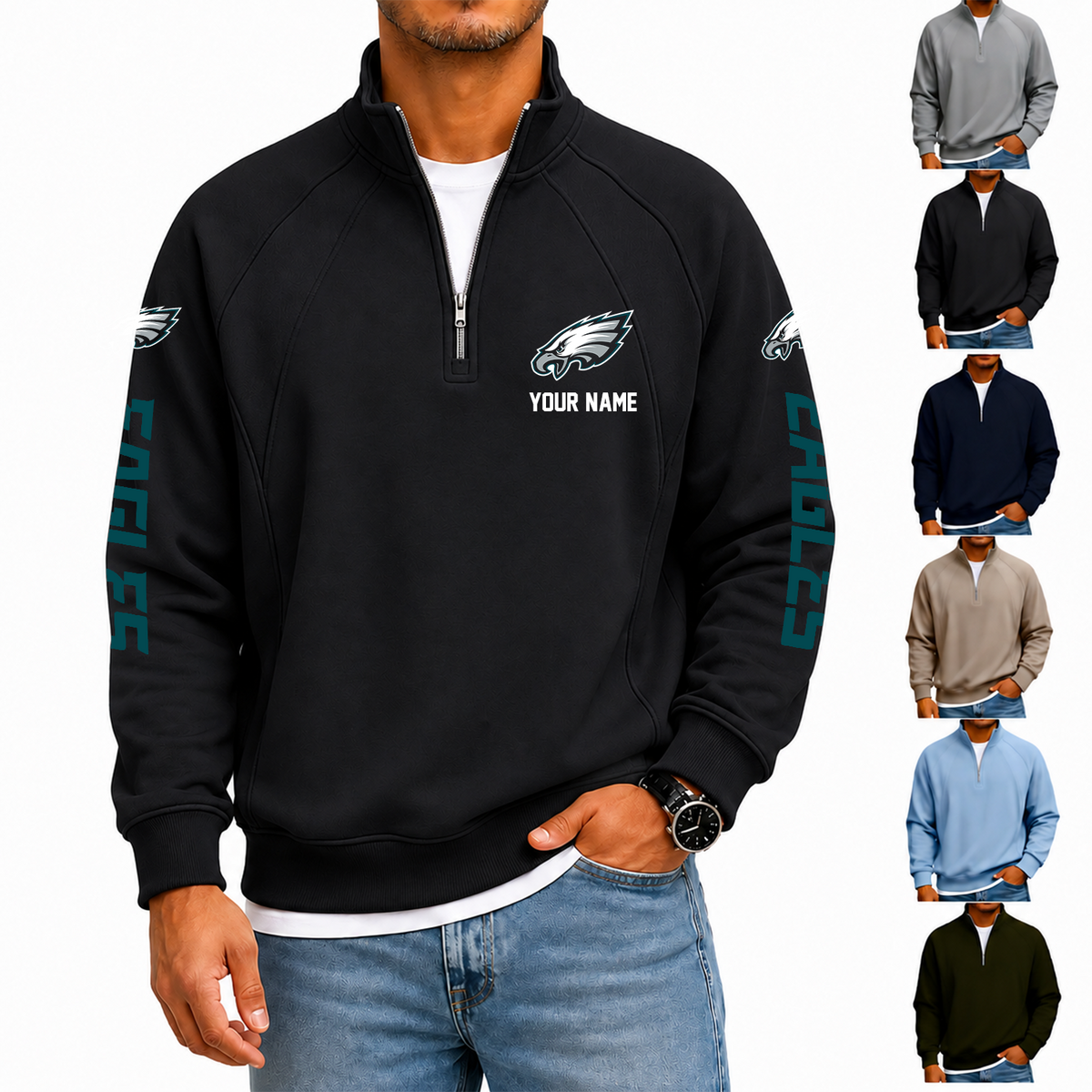 [SPECIAL OFFER] NEW CUSTOMIZED NFL02 PPE PHILADELPHIA EAGLES MEN'S QUARTER ZIP PULLOVER
