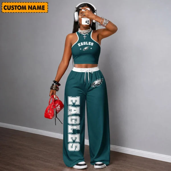 [SPECIAL OFFER] NEW CUSTOMIZED NFL02 PPE PHILADELPHIA EAGLES WOMEN'S CROP TOP & LONGPANTS SET