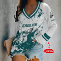 [SPECIAL OFFER] NEW CUSTOMIZED NFL02 PPE PHILADELPHIA EAGLES WOMEN'S V-NECK LONG SLEEVED SHIRT