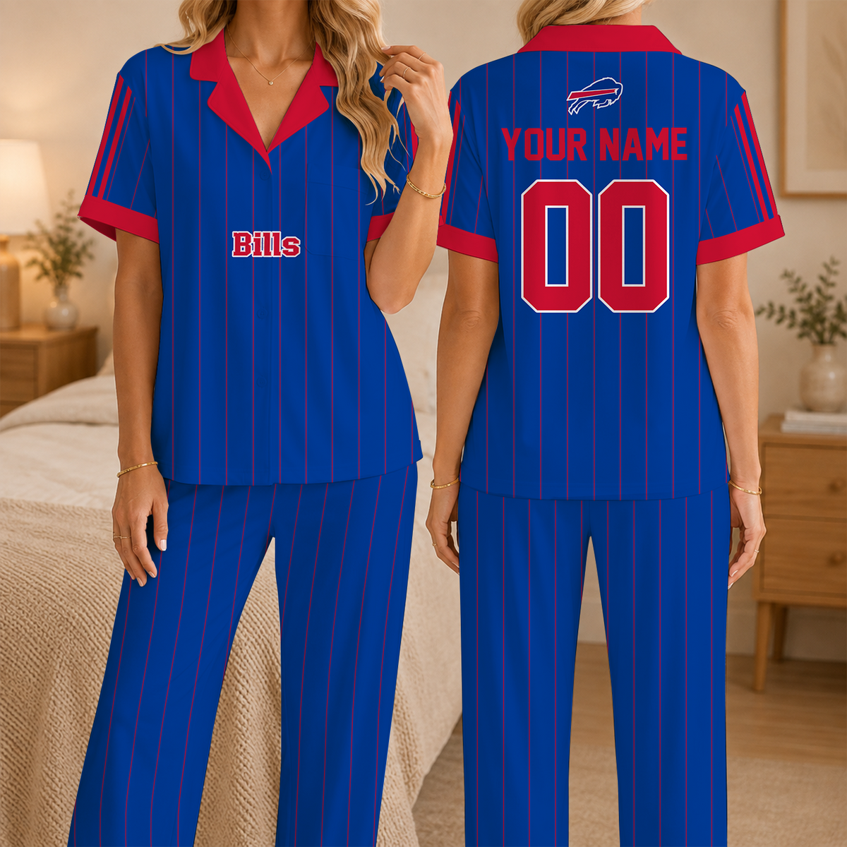 [SPECIAL OFFER] NEW CUSTOMIZED NFL03 BFB BUFFALO BILLS SHORT SLEEVE & LONG PANTS PAJAMAS SET