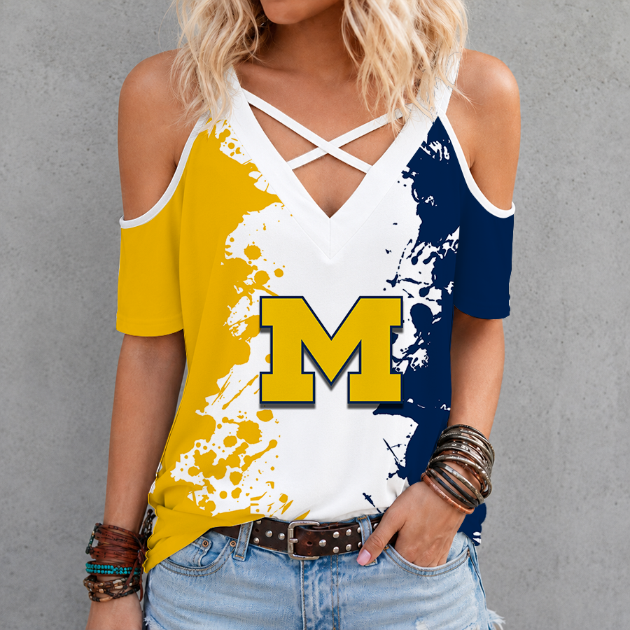 [FAN FAVORITE] NEW CUSTOMIZED NCAA FBS03 MIW MICHIGAN WOLVERINES CRISS CROSS V-NECK TOP