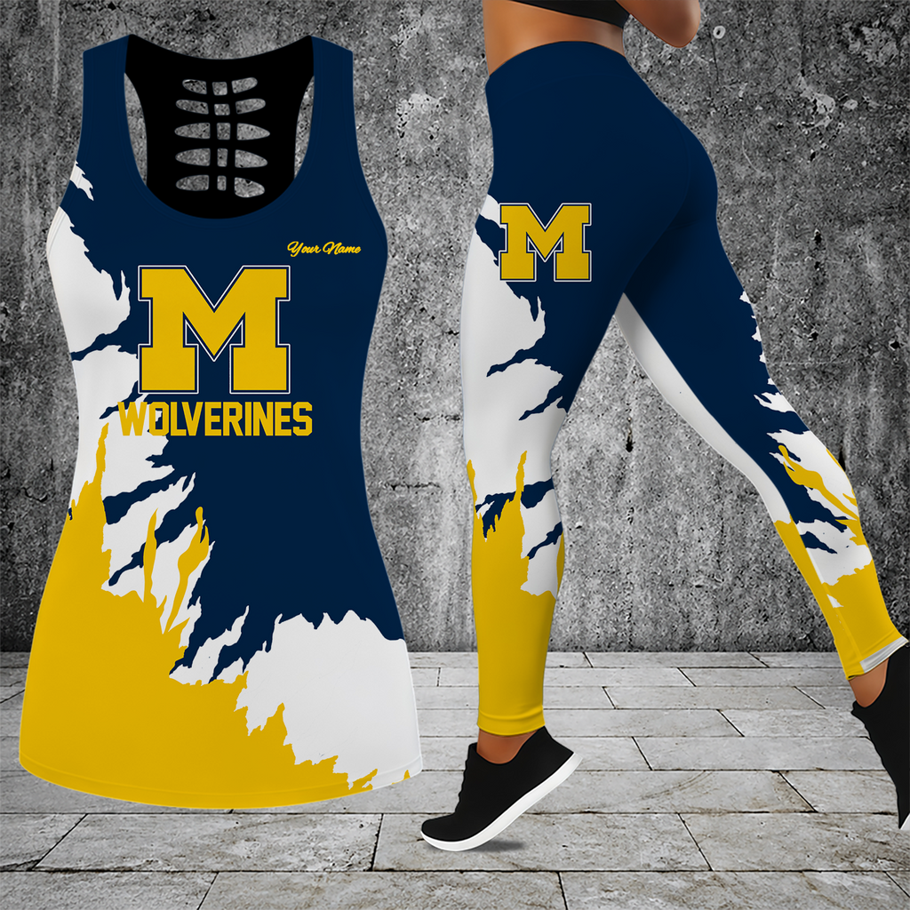 [FAN FAVORITE] NEW CUSTOMIZED NCAA FBS03 MIW MICHIGAN WOLVERINES HOLLOW TANK TOP & LEGGINGS SET