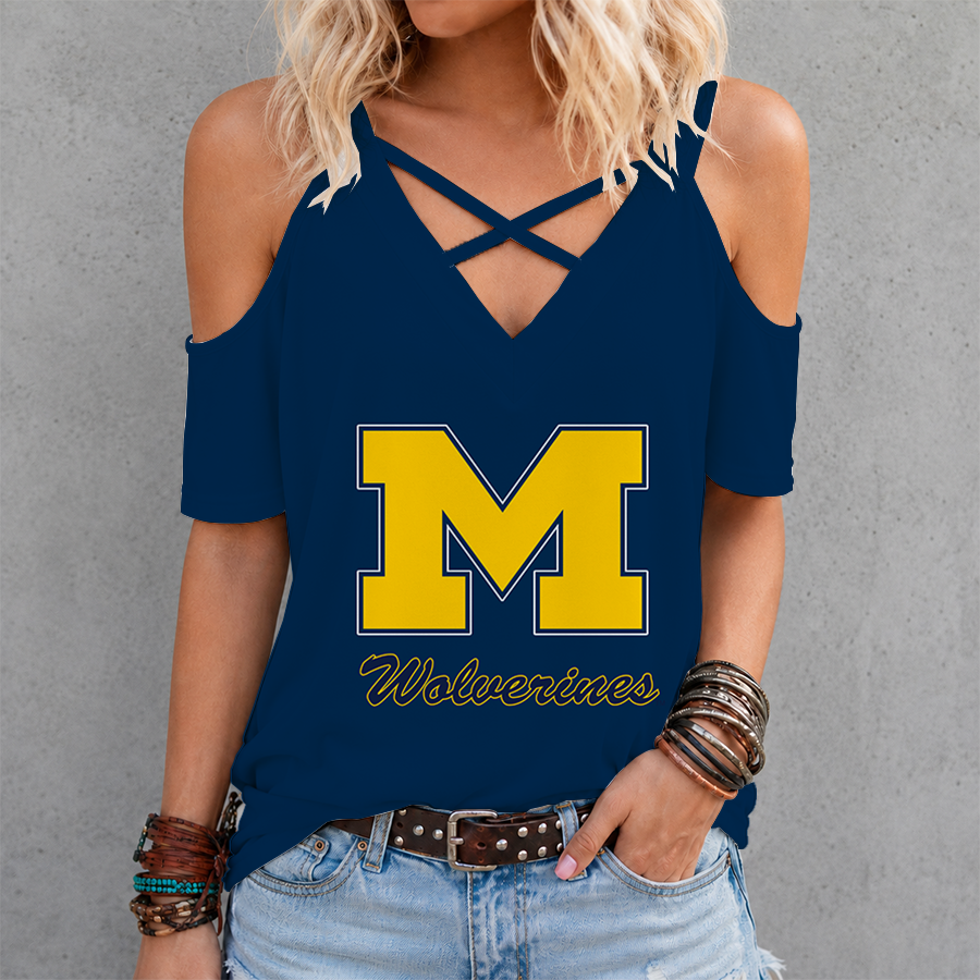 [FAN FAVORITE] NEW CUSTOMIZED NCAA FBS03 MIW MICHIGAN WOLVERINES CRISS CROSS V-NECK TOP