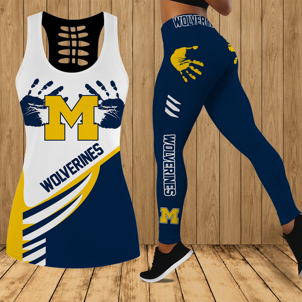 [FAN FAVORITE] NEW CUSTOMIZED NCAA FBS03 MIW MICHIGAN WOLVERINES HOLLOW TANK TOP & LEGGINGS SET