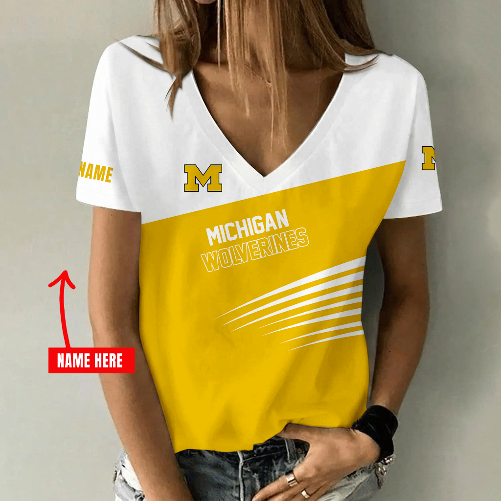 [FAN FAVORITE] NEW CUSTOMIZED NCAA FBS03 MIW MICHIGAN WOLVERINES V-NECK FEMALE SHIRT