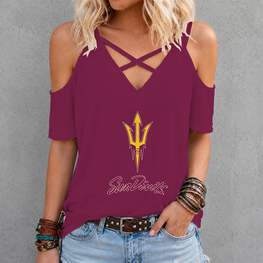 [FAN FAVORITE] NEW CUSTOMIZED NCAA FBS04 ASS ARIZONA STATE SUN DEVILS CRISS CROSS V-NECK TOP