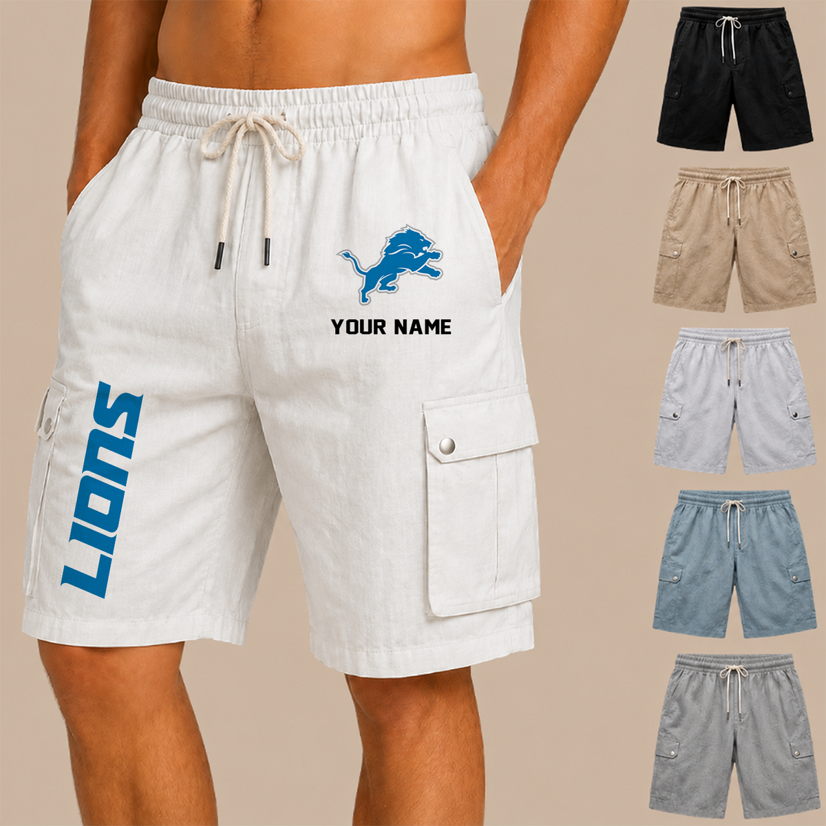 [SPECIAL OFFER] NEW CUSTOMIZED NFL04 DTL DETROIT LIONS MEN'S DRAWSTRING CARGO SHORTS