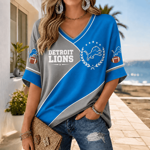 [SPECIAL OFFER] NEW CUSTOMIZED NFL04 DTL DETROIT LIONS WOMEN'S HEART V-NECK LONG SLEEVE SHIRT