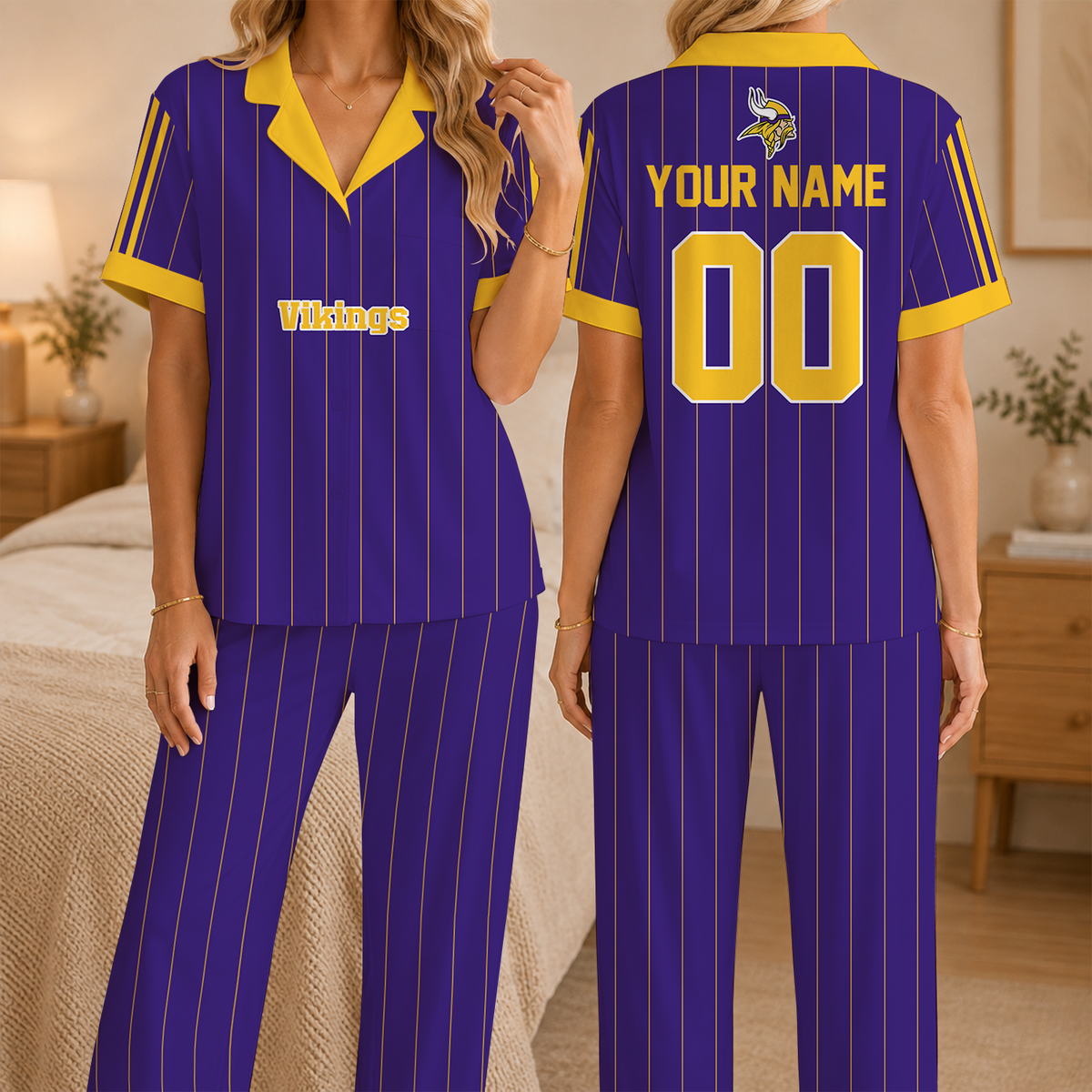 [SPECIAL OFFER] NEW CUSTOMIZED NFL05 MVK MINNESOTA VIKINGS SHORT SLEEVE & LONG PANTS PAJAMAS SET