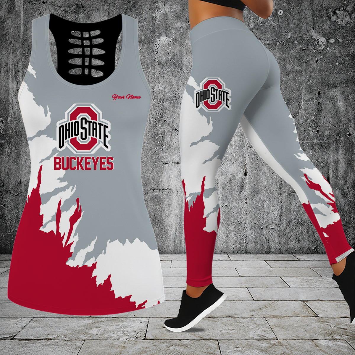 [FAN FAVORITE] NEW CUSTOMIZED NCAA FBS05 OSB OHIO STATE BUCKEYES HOLLOW TANK TOP & LEGGINGS SET
