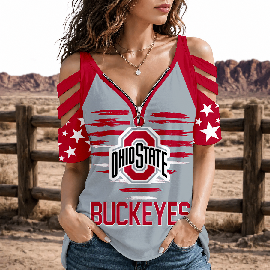 [FAN FAVORITE] NEW CUSTOMIZED NCAA FBS05 OSB OHIO STATE BUCKEYES STRAPPY COLD-SHOULDER TOP
