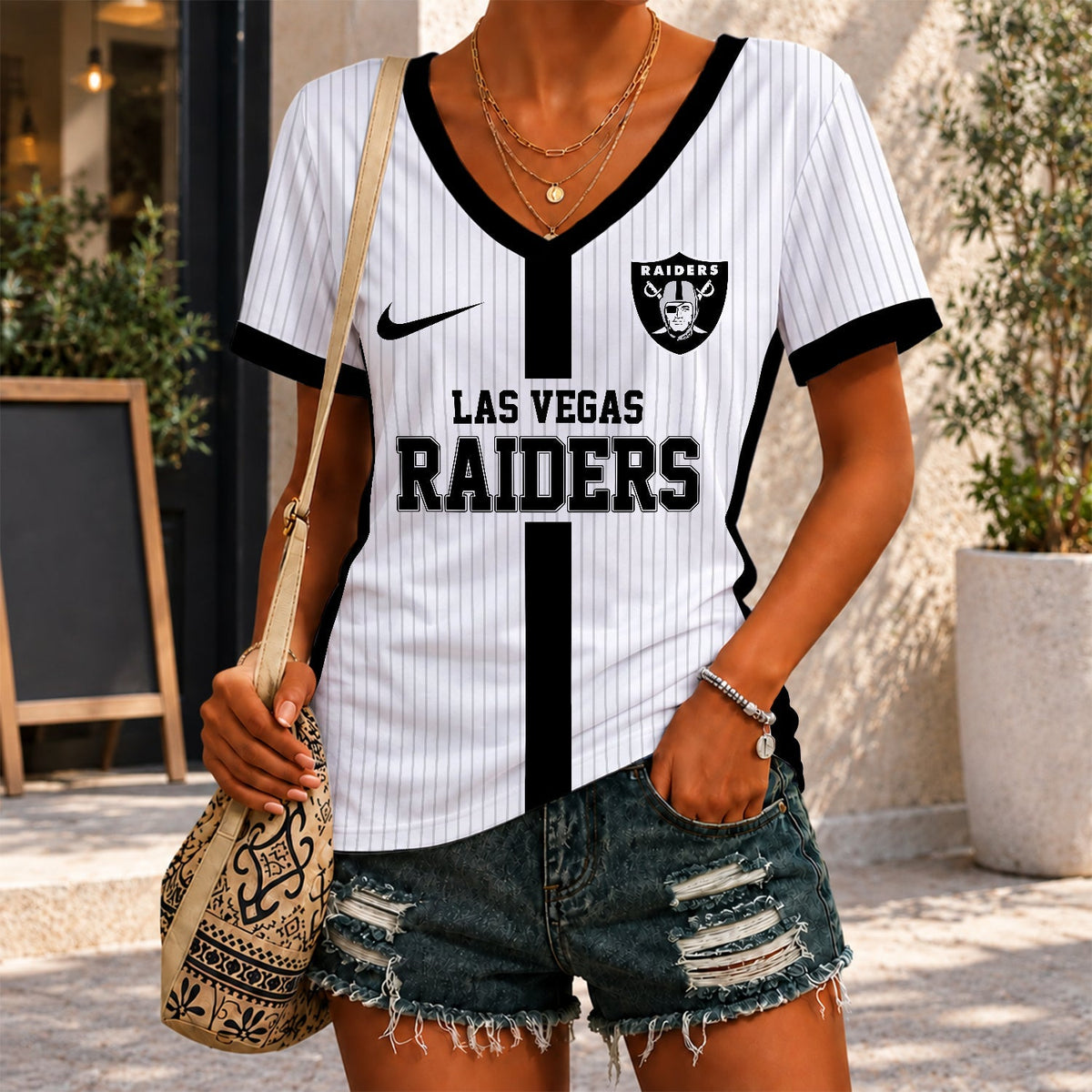 [SPECIAL OFFER] NEW CUSTOMIZED NFL07 LVR LAS VEGAS RAIDERS V-NECK FEMALE SHIRT