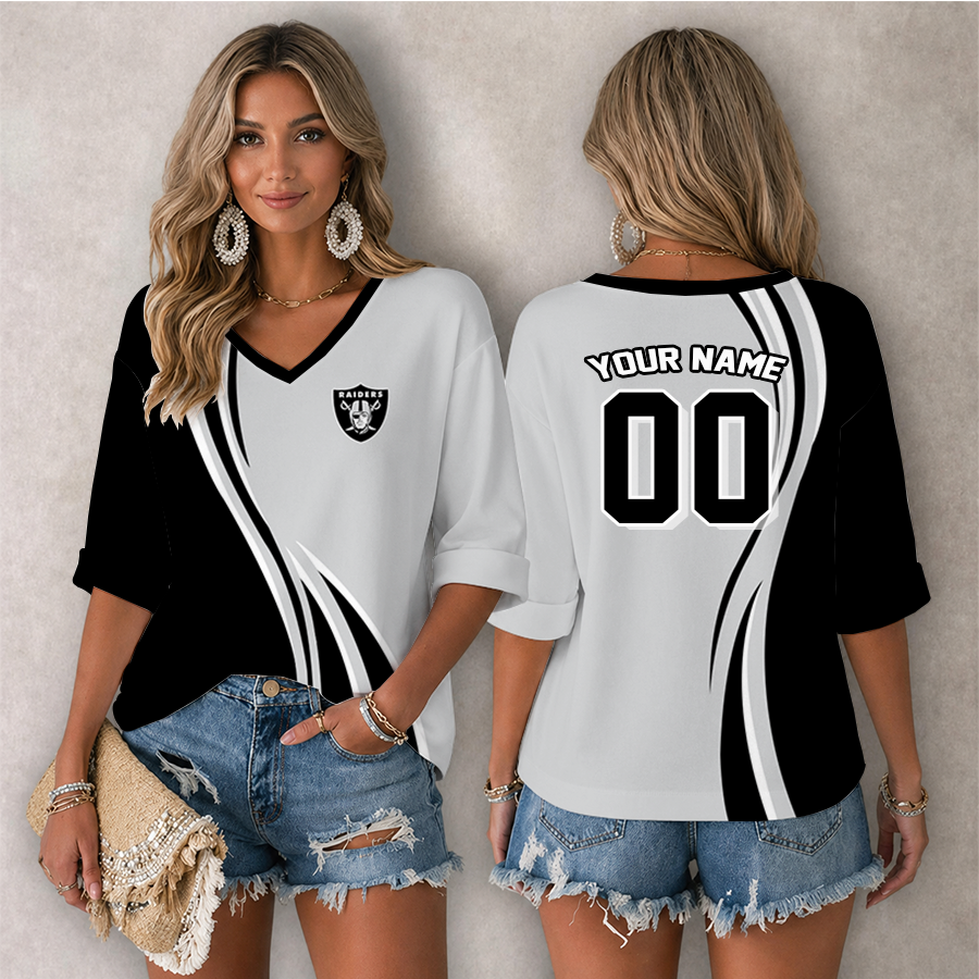 [SPECIAL OFFER] NEW CUSTOMIZED NFL07 LVR LAS VEGAS RAIDERS WOMEN'S HEART V-NECK LONG SLEEVE SHIRT