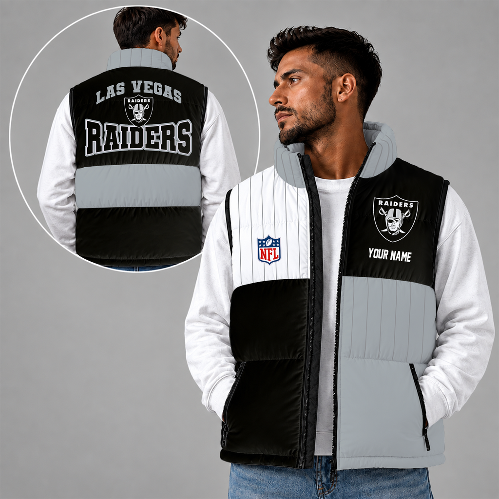 [SPECIAL OFFER] NEW CUSTOMIZED NFL07 LVR LAS VEGAS RAIDERS SLEEVELESS PUFFER VEST