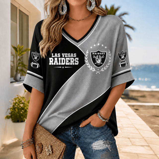 [SPECIAL OFFER] NEW CUSTOMIZED NFL07 LVR LAS VEGAS RAIDERS WOMEN'S HEART V-NECK LONG SLEEVE SHIRT