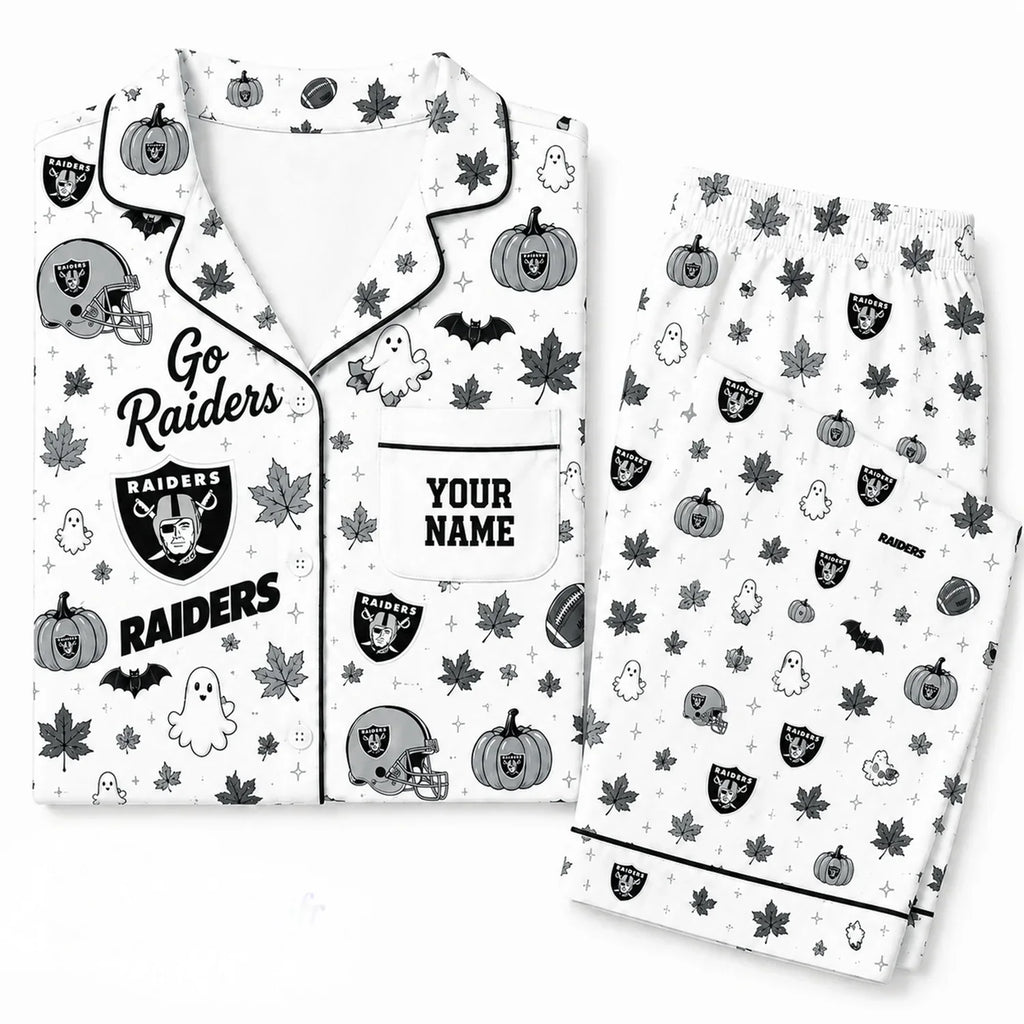 [SPECIAL OFFER] NEW CUSTOMIZED NFL07 LVR LAS VEGAS RAIDERS HALLOWEEN LONG PAJAMAS SET