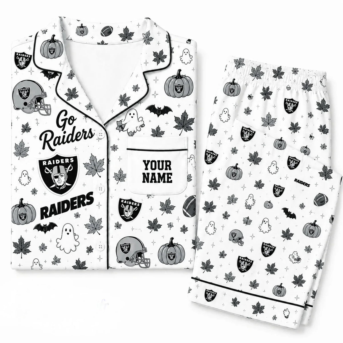 [SPECIAL OFFER] NEW CUSTOMIZED NFL07 LVR LAS VEGAS RAIDERS HALLOWEEN LONG PAJAMAS SET
