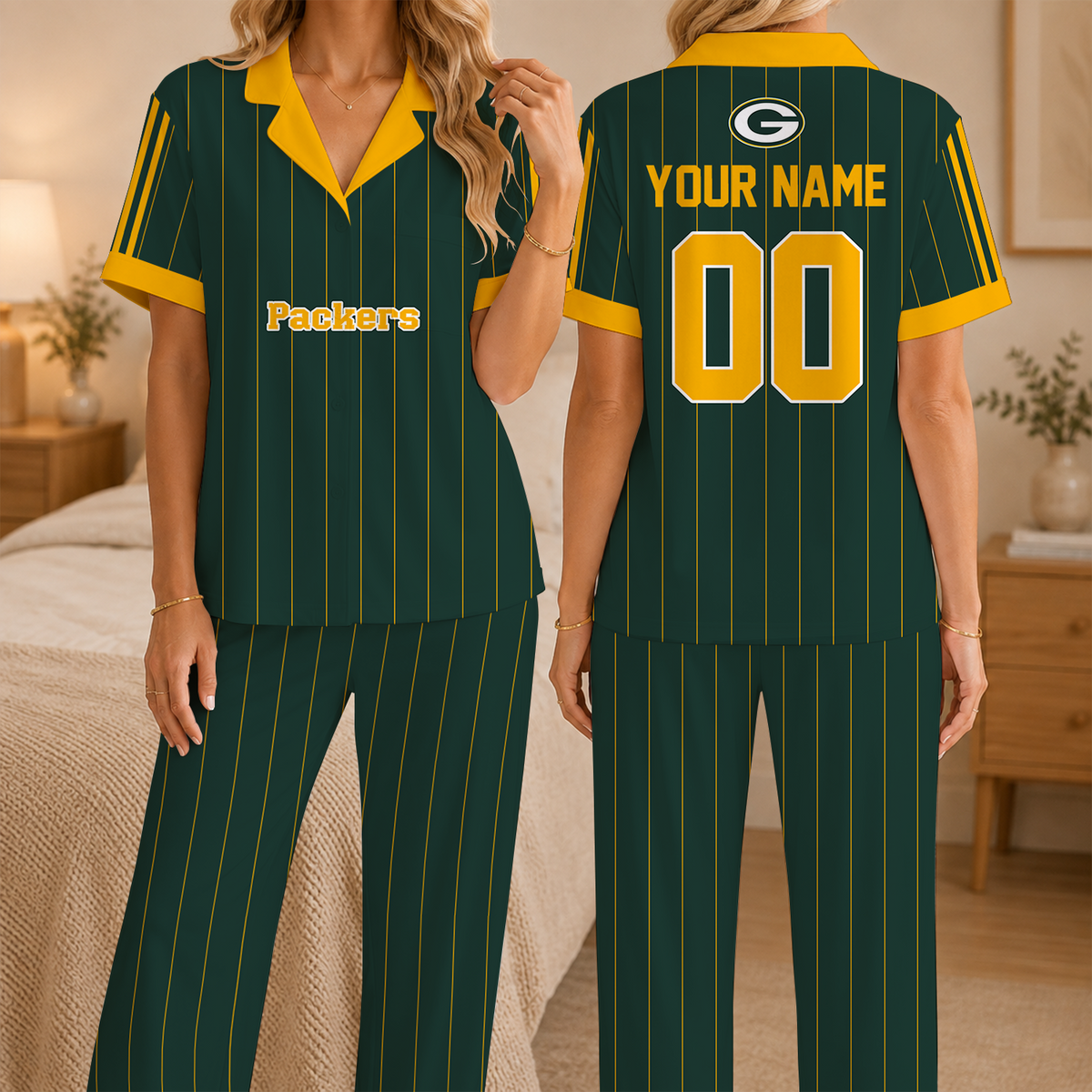 [SPECIAL OFFER] NEW CUSTOMIZED NFL08 GBP GREEN BAY PACKERS SHORT SLEEVE & LONG PANTS PAJAMAS SET