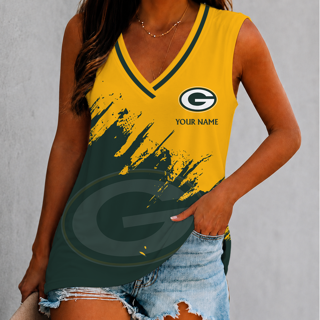 [SPECIAL OFFER] NEW CUSTOMIZED NFL08 GBP GREEN BAY PACKERS WOMEN'S V-NECK TANK TOP