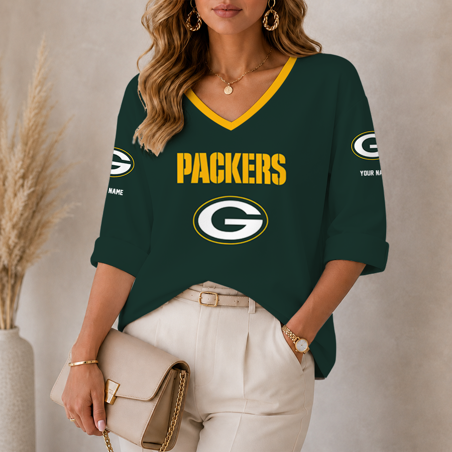 [SPECIAL OFFER] NEW CUSTOMIZED NFL08 GBP KHAKI BAY PACKERS WOMEN'S HEART V-NECK LONG SLEEVE SHIRT