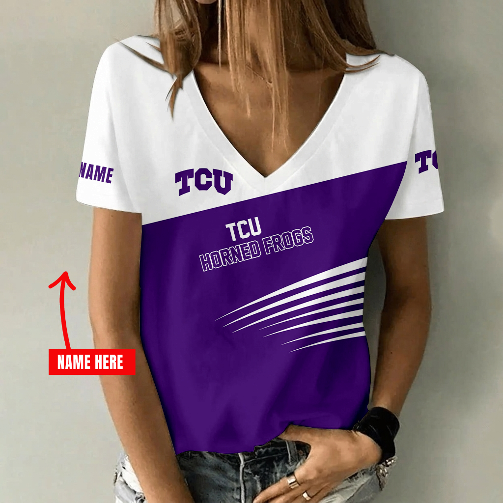 [FAN FAVORITE] NEW CUSTOMIZED NCAA FBS09 THF TCU HORNED FROGS V-NECK FEMALE SHIRT