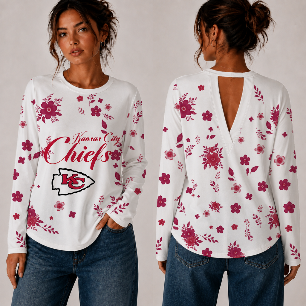 [SPECIAL OFFER] NEW CUSTOMIZED NFL01 KCC KANSAS CITY CHIEFS WOMEN'S BACK V-CUT LONG-SLEEVE SHIRT