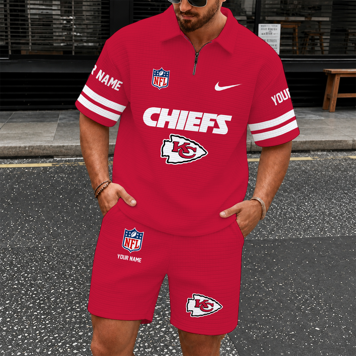 [SPECIAL OFFER] NEW CUSTOMIZED NFL01 KCC KANSAS CITY CHIEFS QUARTER-ZIP POLO SHIRT & SHORTS SET