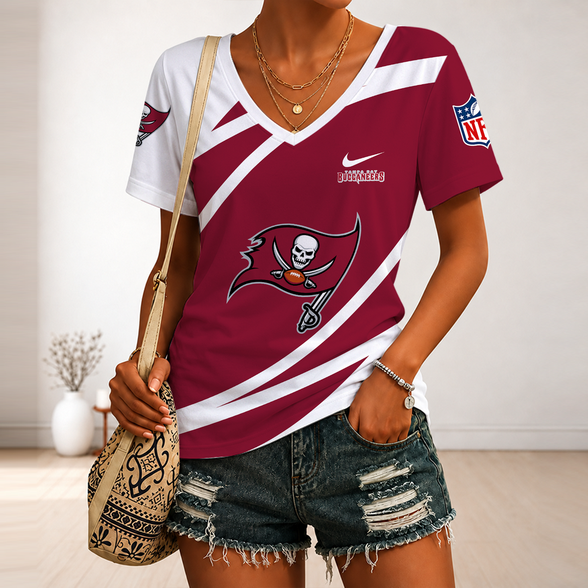 [SPECIAL OFFER] NEW CUSTOMIZED NFL10 TBB TAMPA BAY BUCCANEERS V-NECK FEMALE SHIRT