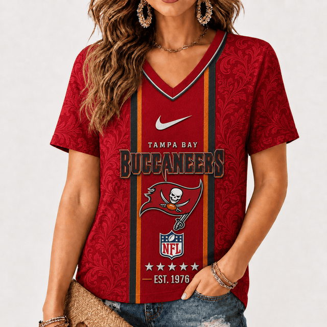 [SPECIAL OFFER] NEW CUSTOMIZED NFL10 TBB TAMPA BAY BUCCANEERS V-NECK FEMALE SHIRT