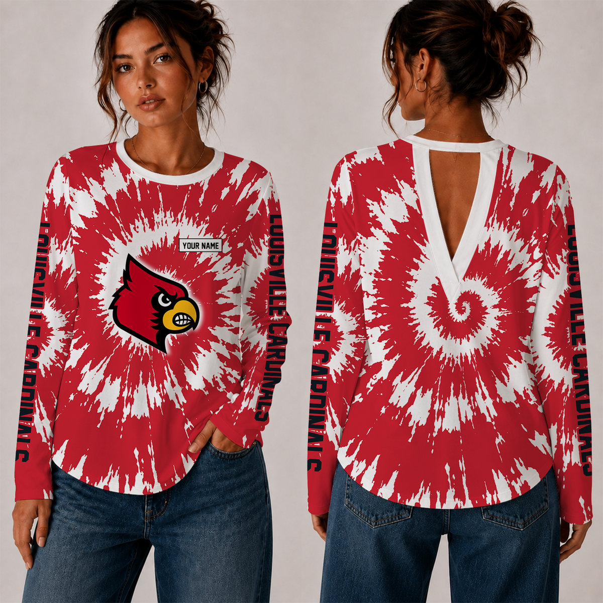 [FAN FAVORITE] NEW CUSTOMIZED NCAA FBS10 ULC LOUISVILLE CARDINALS WOMEN'S BACK V-CUT LONG-SLEEVE SHIRT