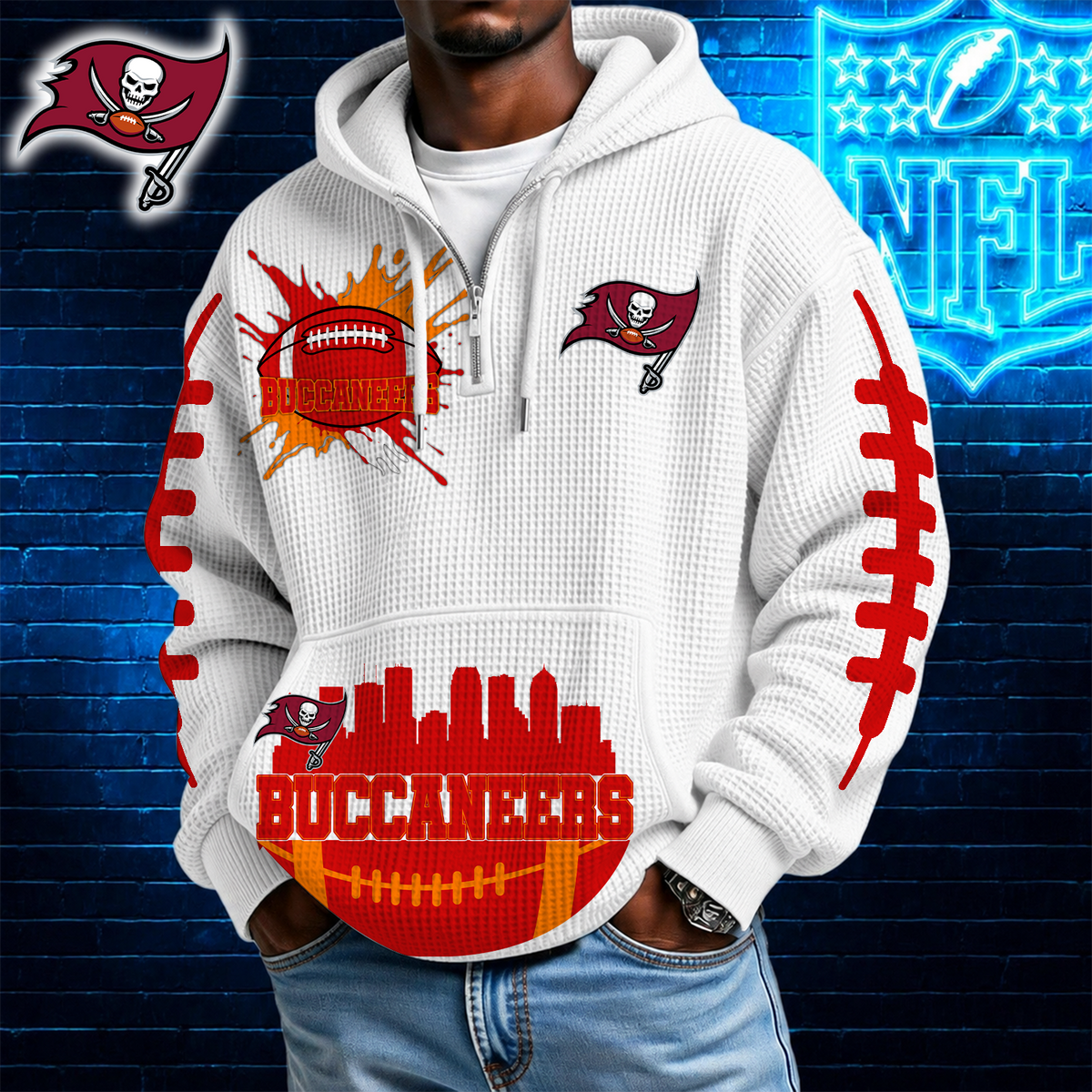 [SPECIAL OFFER] NEW CUSTOMIZED NFL10 TBB TAMPA BAY BUCCANEERS WAFFLE FULL ZIP HOODIE
