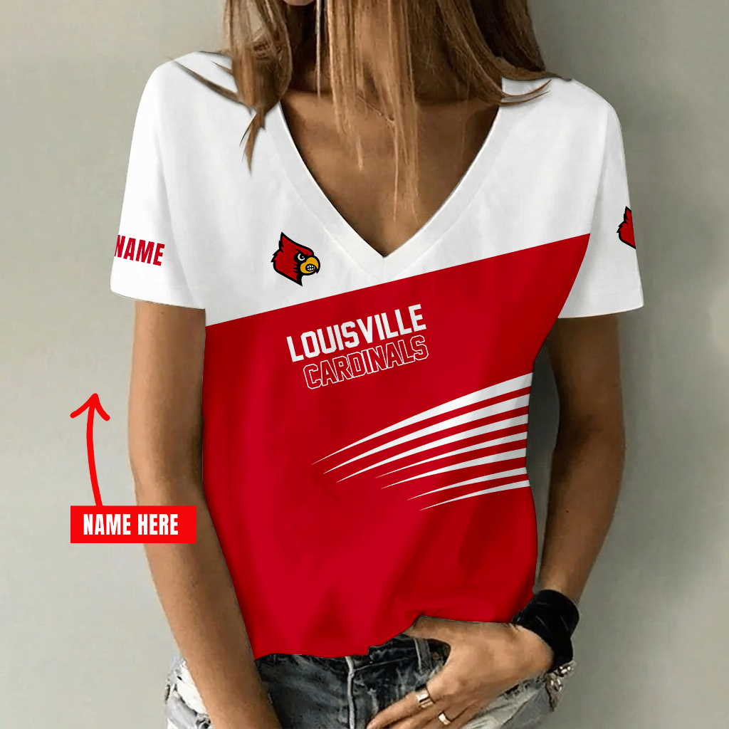 [FAN FAVORITE] NEW CUSTOMIZED NCAA FBS10 ULC LOUISVILLE CARDINALS V-NECK FEMALE SHIRT