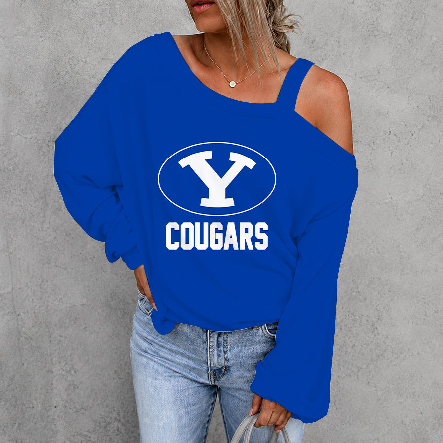 [FAN FAVORITE] NEW CUSTOMIZED NCAA FBS11 BYU BYU COUGARS WOMEN'S OFF-SHOULDER LONG SLEEVE SHIRT