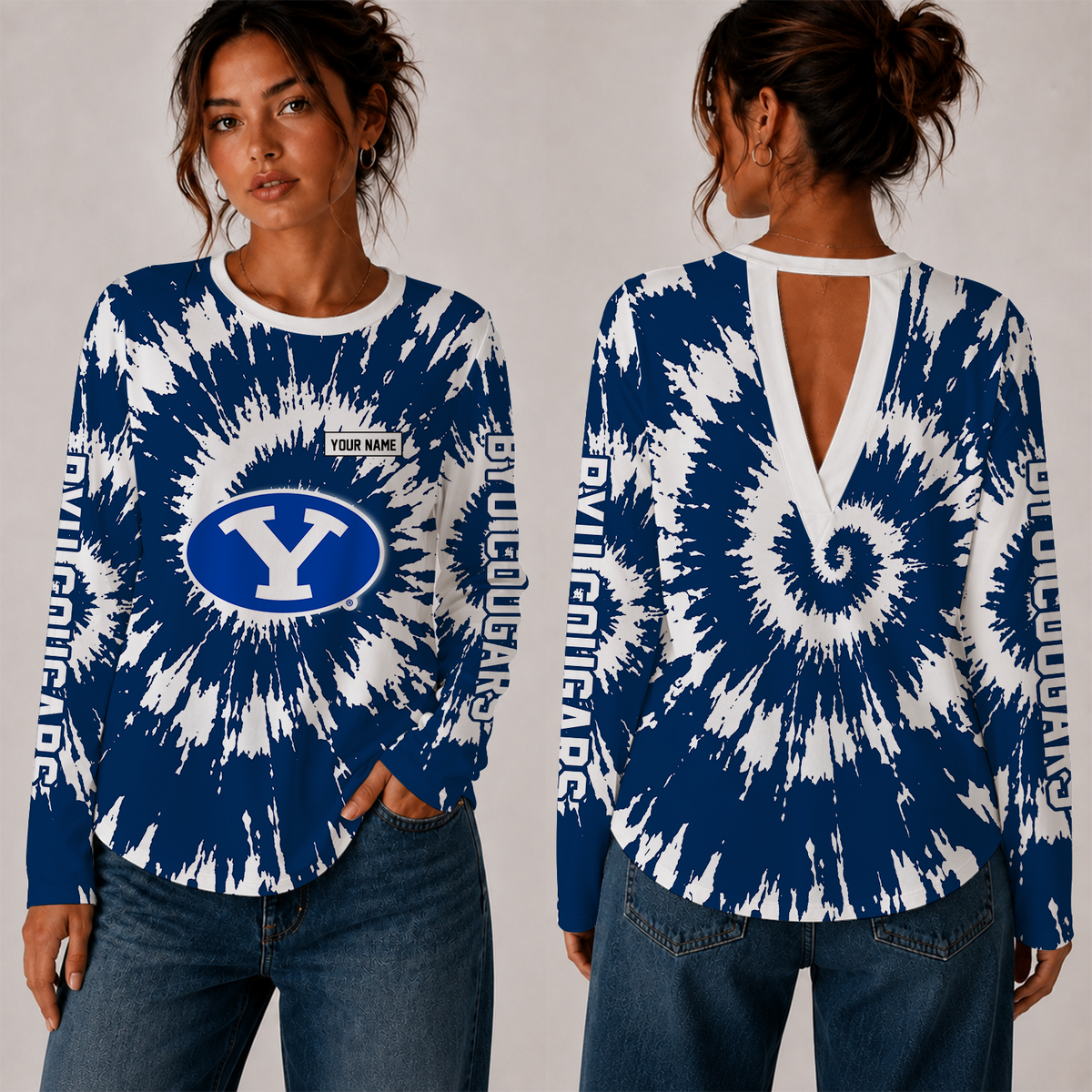 [FAN FAVORITE] NEW CUSTOMIZED NCAA FBS11 BYU BYU COUGARS WOMEN'S BACK V-CUT LONG-SLEEVE SHIRT