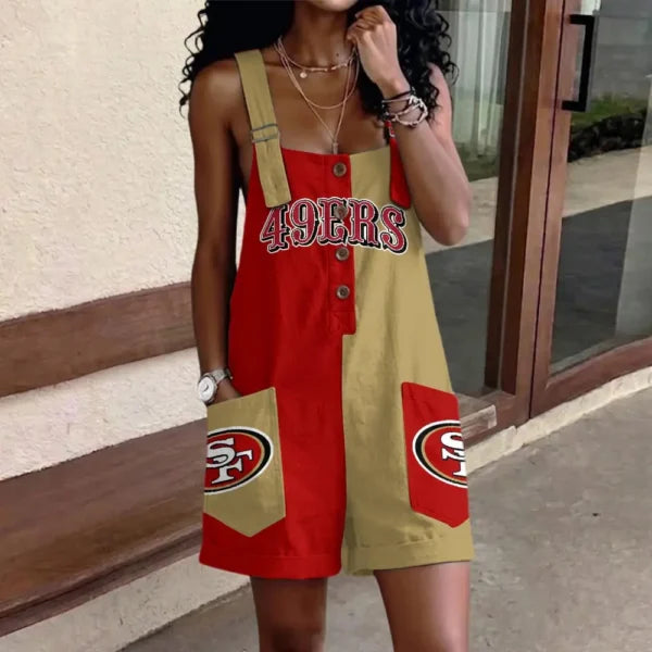 [SPECIAL OFFER] NEW CUSTOMIZED NFL11 SF49 SAN FRANCISCO 49ERS WOMEN'S HIGH-WAISTED SHORTS OVERALLS