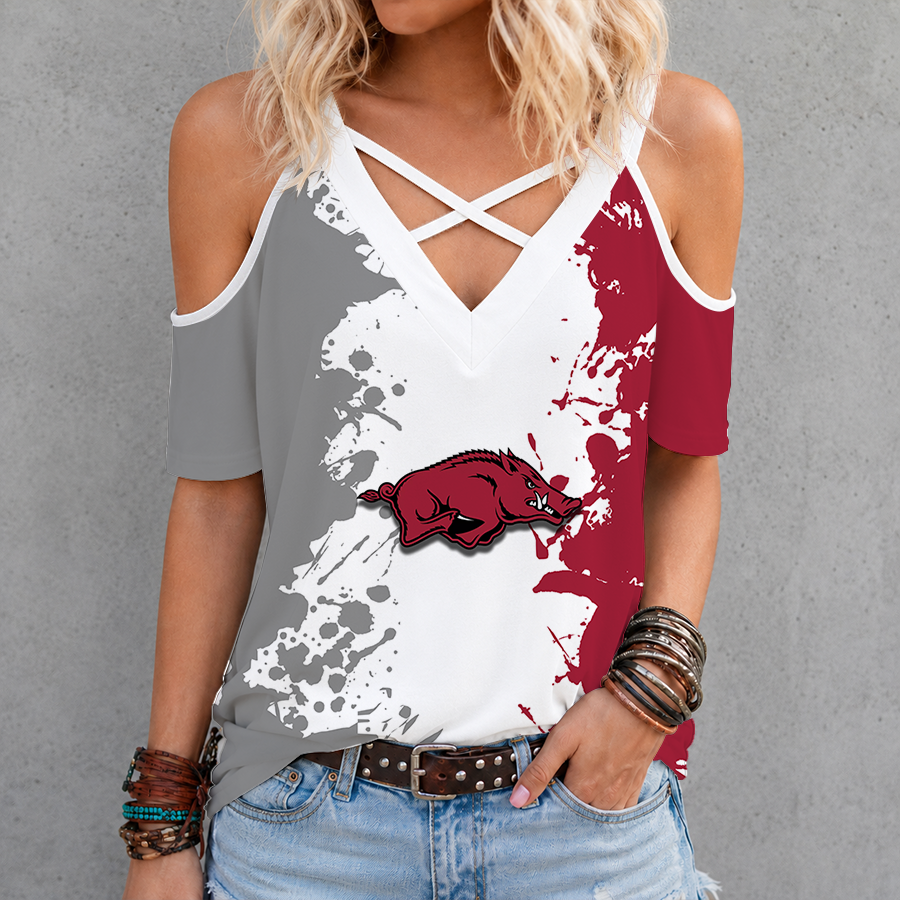 [FAN FAVORITE] NEW CUSTOMIZED NCAA FBS12 AKR ARKANSAS RAZORBACKS CRISS CROSS V-NECK TOP