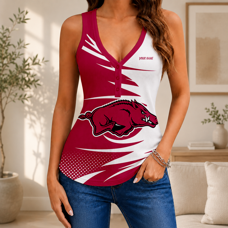 [FAN FAVORITE] NEW CUSTOMIZED NCAA FBS12 AKR ARKANSAS RAZORBACKS WOMEN'S V-NECK TANK TOP
