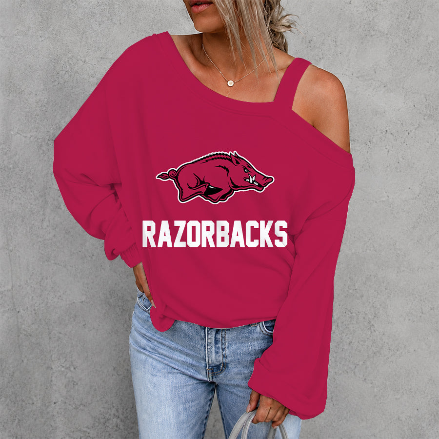 [FAN FAVORITE] NEW CUSTOMIZED NCAA FBS12 AKR ARKANSAS RAZORBACKS WOMEN'S OFF-SHOULDER LONG SLEEVE SHIRT
