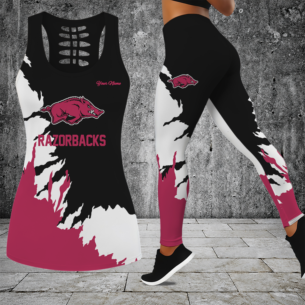 [FAN FAVORITE] NEW CUSTOMIZED NCAA FBS12 AKR ARKANSAS RAZORBACKS HOLLOW TANK TOP & LEGGINGS SET