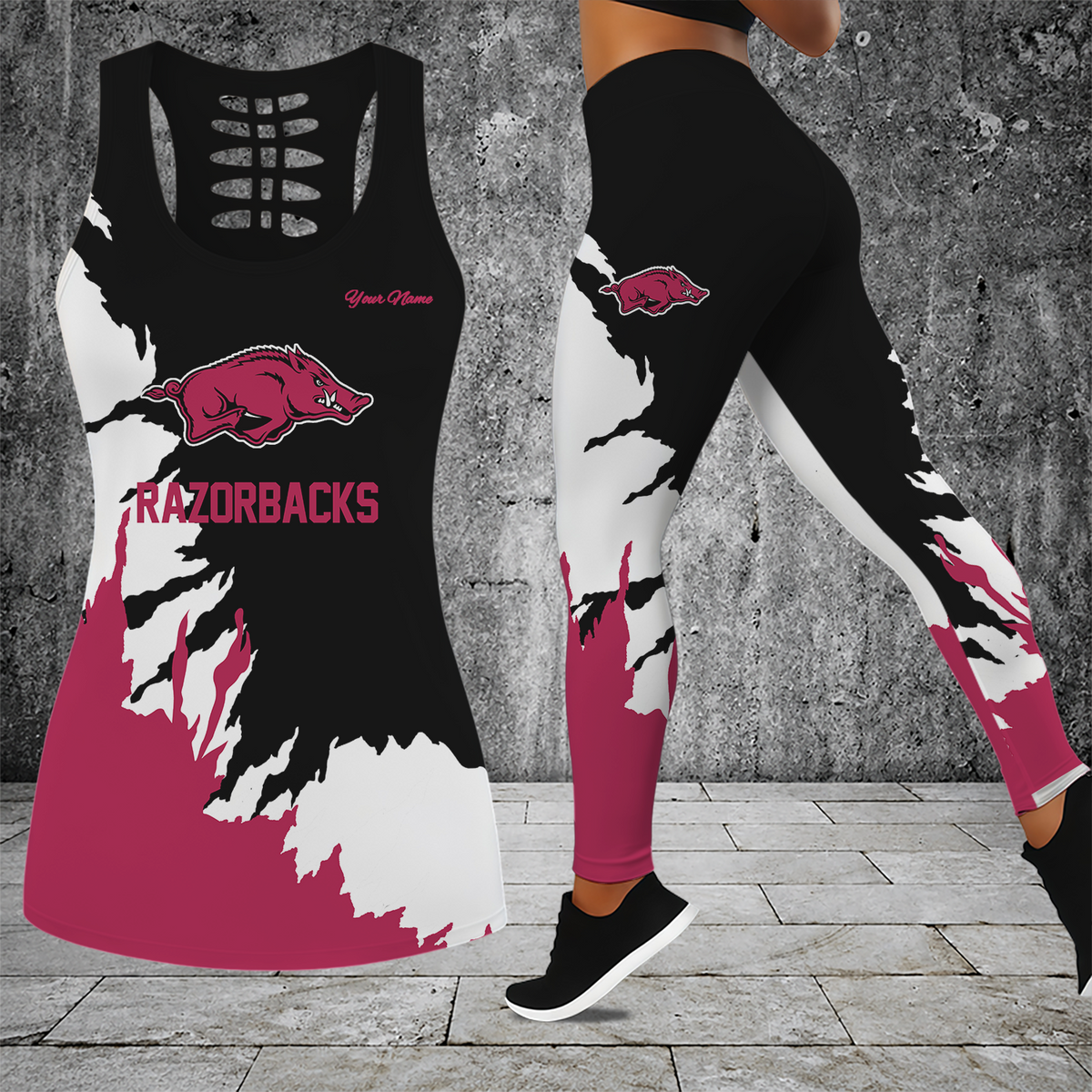 [FAN FAVORITE] NEW CUSTOMIZED NCAA FBS12 AKR ARKANSAS RAZORBACKS HOLLOW TANK TOP & LEGGINGS SET