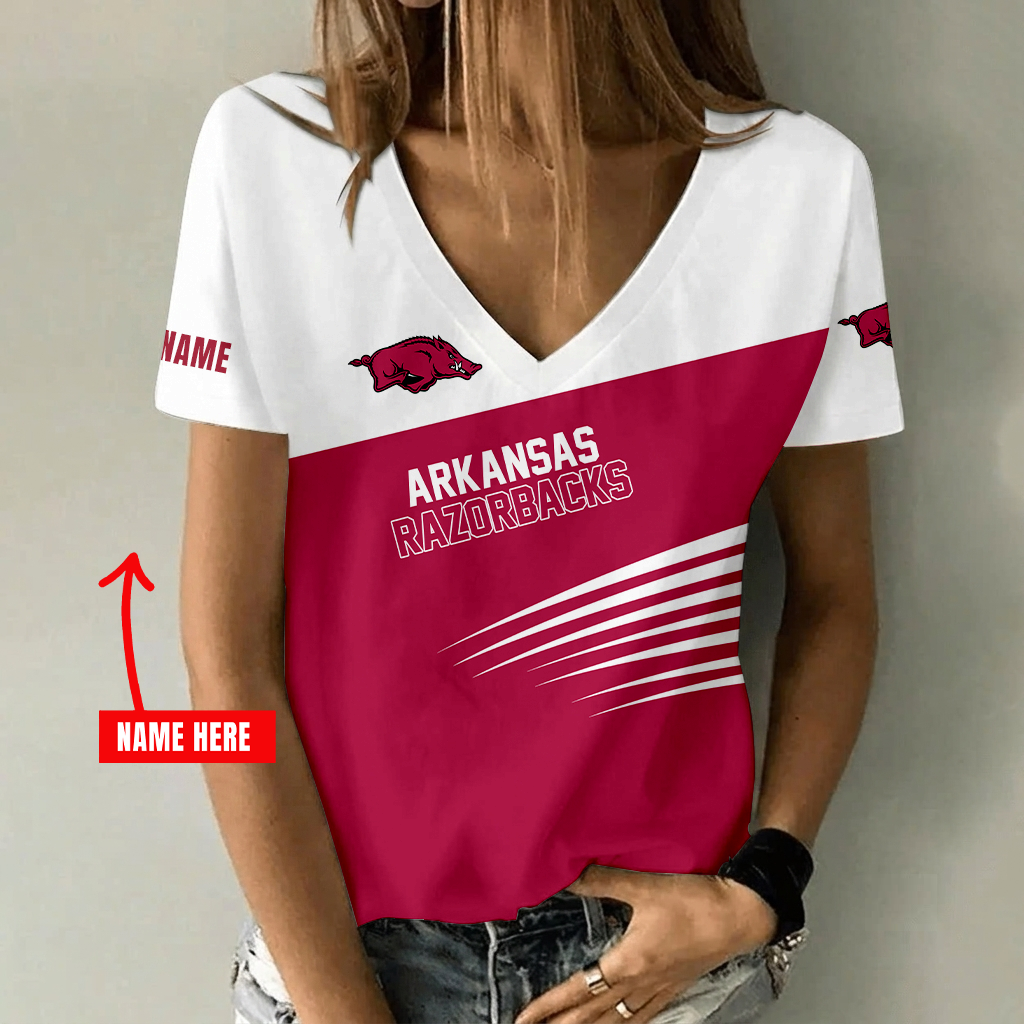 [FAN FAVORITE] NEW CUSTOMIZED NCAA FBS12 AKR ARKANSAS RAZORBACKS V-NECK FEMALE SHIRT