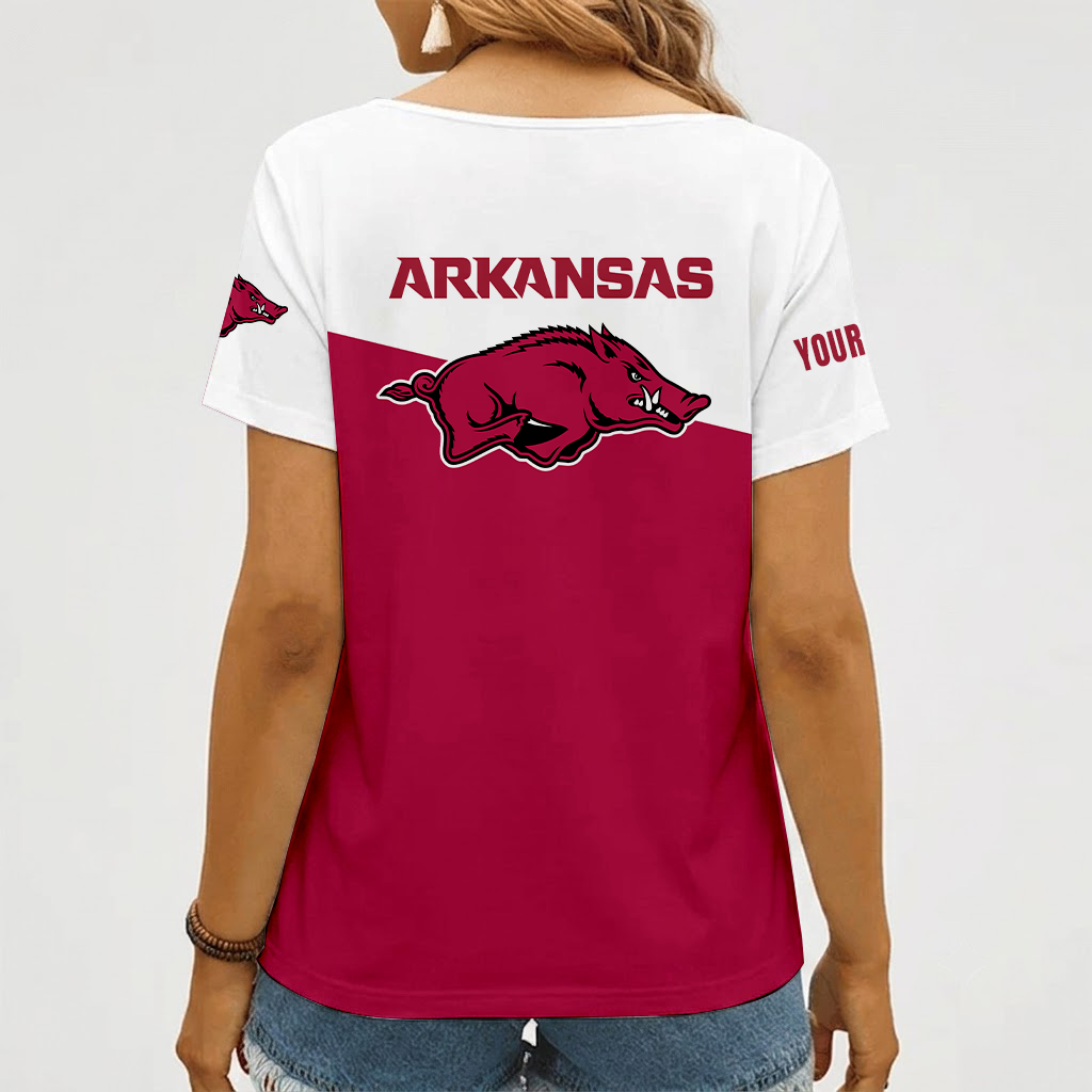 [FAN FAVORITE] NEW CUSTOMIZED NCAA FBS12 AKR ARKANSAS RAZORBACKS V-NECK FEMALE SHIRT