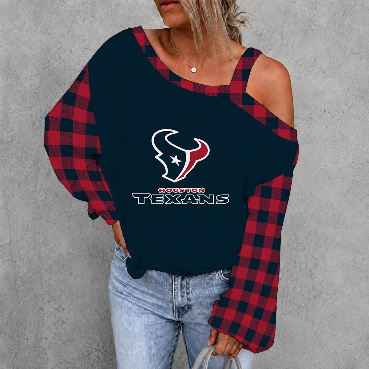 [SPECIAL OFFER] NEW CUSTOMIZED NFL15 HTT HOUSTON TEXANS WOMEN'S OFF-SHOULDER LONG SLEEVE SHIRT
