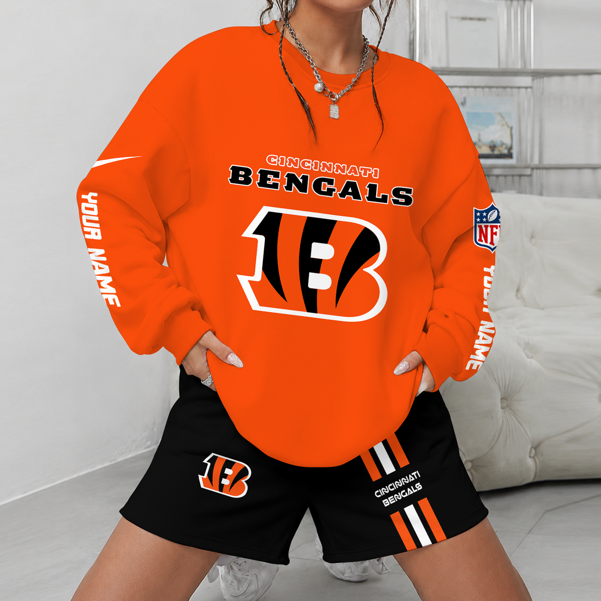 [SPECIAL OFFER] NEW CUSTOMIZED NFL16 CCB CINCINNATI BENGALS UNISEX SWEATSHIRT & SHORTS SET